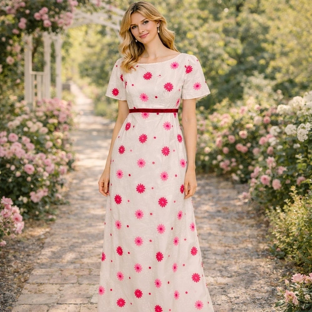 Lorrie Deb Vintage Dress Floral Embroidered White and Pink Size Small VTG 11